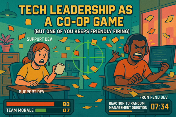 An image of two developers looking like they are gamers.