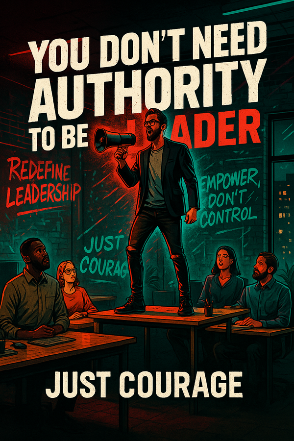 Guy standing on a desk with a megaphone saying you do not need authority to be a leader, just courage.